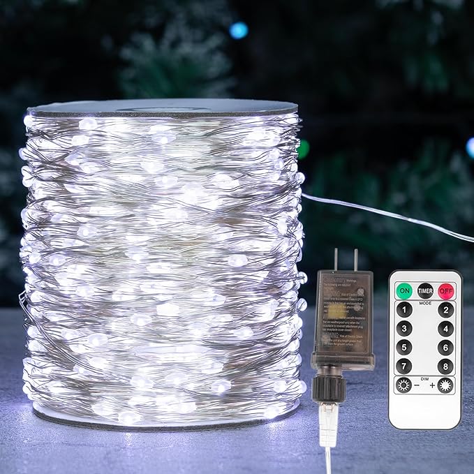 Fairy Lights Plug in200FT 600LEDs Waterproof Led String Lights8 Modes Remote Twinkle Light for Outdoor Indoor Christmas Wedding Birthday Garden Party DecorationsSilver WireCool White