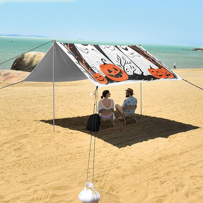 ALAZA Halloween Pumpkin Ghosts Beach Tent Sun Shelter UPF50+ Protection Beach Shade Canopy w/ 4 Sandbags for Outdoor Camping Fishing Backyard Fun Picnic 10x9 ft