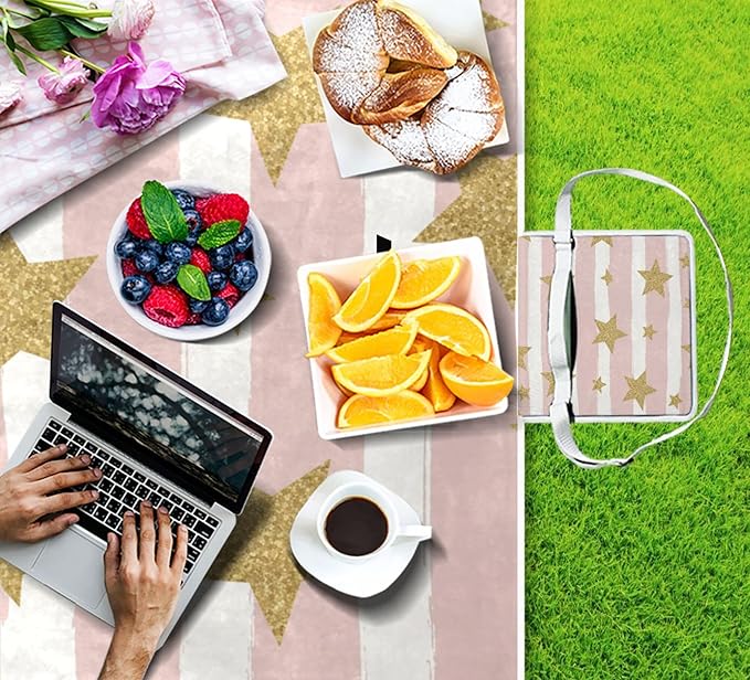 MNSRUU Picnic Blanket Waterproof Foldable Gold Glittering Stars Large Outdoor Picnic Beach Camping Blanket Travel Mat Shoulder Strap Tote Rectangle 57x59in