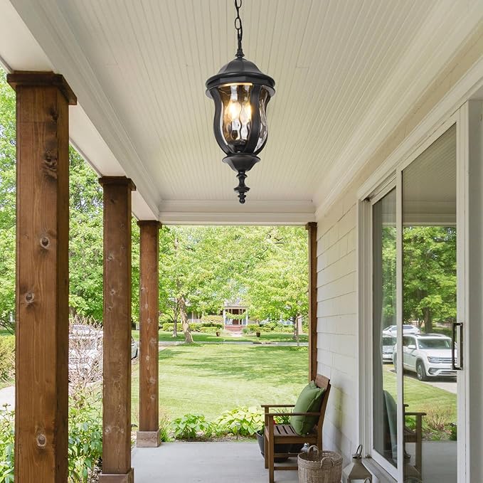 Large Outdoor Pendant Light Fixtures 19.1'' Exterior Hanging Lantern Porch Light Adjustable Black Hanging Lamp Farmhouse Exterior Chandelier Ceiling Mount for Entrance Patio