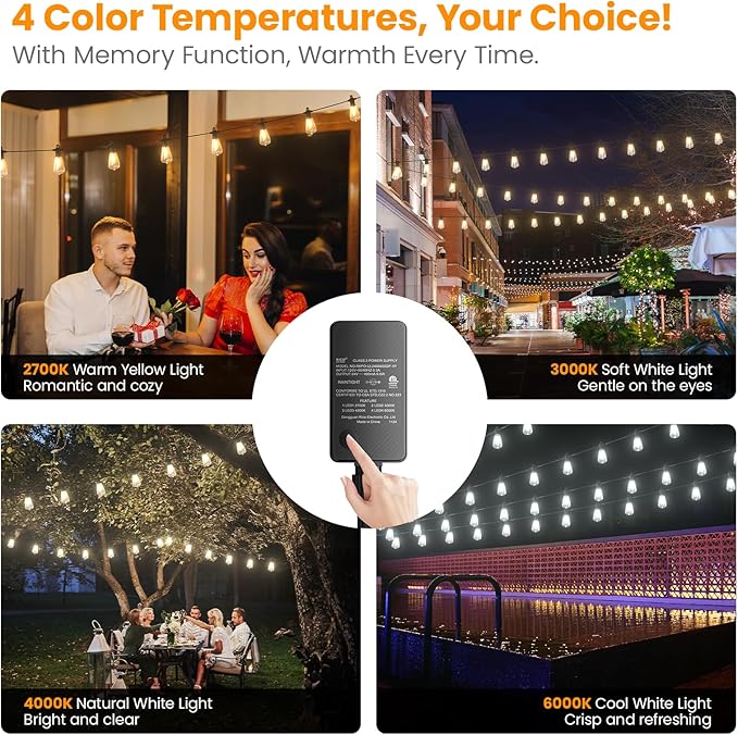 Kawaya Outdoor String Lights for Patio - ST38 Outside IP64 Waterproof Hanging Light with 2700k~6000k Dimmable - 100FT Led Edison Lights for Cafe Bistro Yard Gazebo Porch