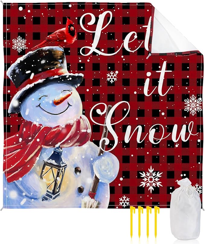 Beach Blanket Waterproof Sandproof OversizedSnowman Cardinal Red Black Buffalo Plaid Beach Mat with Corner Stakes Sand PocketsWinter White Snowflake Outdoor Picnic Mat for Travel Camping 108x84In