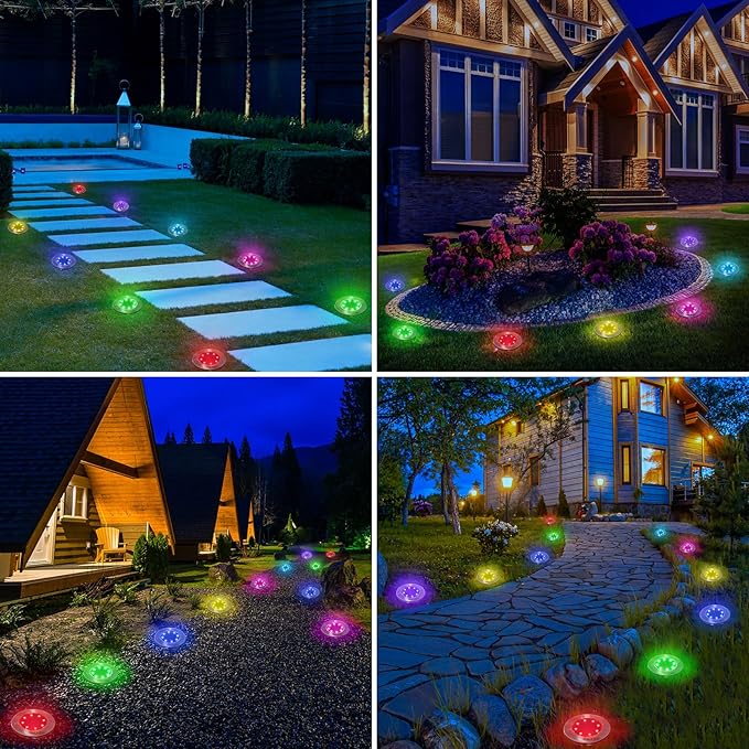 LYHOPE Solar Ground Light Outdoor 16 Pack 8 LED Color Changing Solar Disk Lights Waterproof Garden In-ground Pathway Lights Landscape Lighting for LawnYardDeckPatioWalkway (RGB)