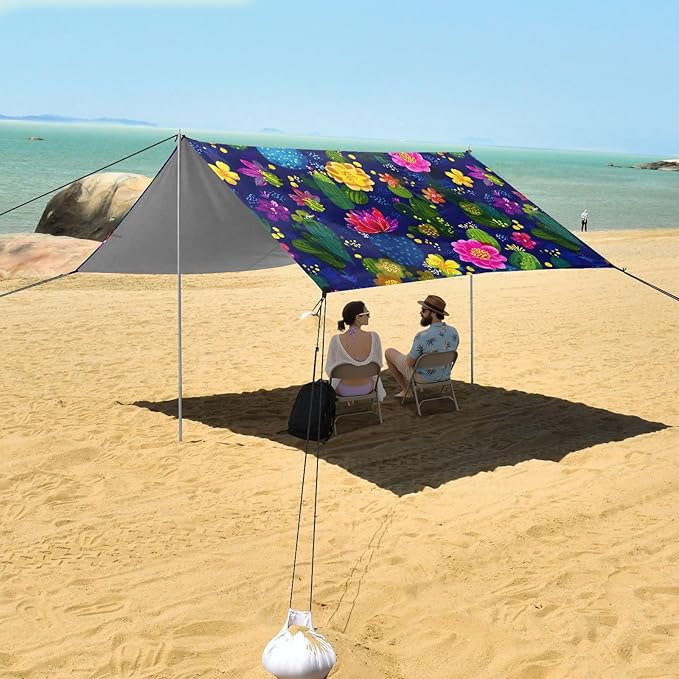ALAZA Cactus Flowers Cacti Beach Tent Sun Shelter UPF50+ Protection Beach Shade Canopy w/ 4 Sandbags for Outdoor Camping Fishing Backyard Fun Picnic 10x9 ft