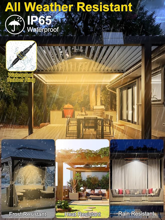 T-SUN Solar Pendant Light Outdoor 4 Pack Solar Shed Lights Indoor with Remote Control IP65 Waterproof Shop Light 3000K/4000K/6000K Perfect for Barn Chicken Coop Garage Courtyard Balcony