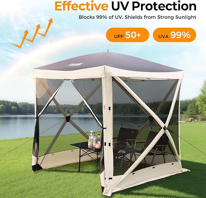 Tecoom 6x6ft Pop Up Gazebo Tent 4-Sided Canopy Shelter Tent with Mesh Windows for Camping Portable Large Shade Tents with Siedwalls Carrying Bag and Stakes for Outdoor Garden Lawn and Backyard