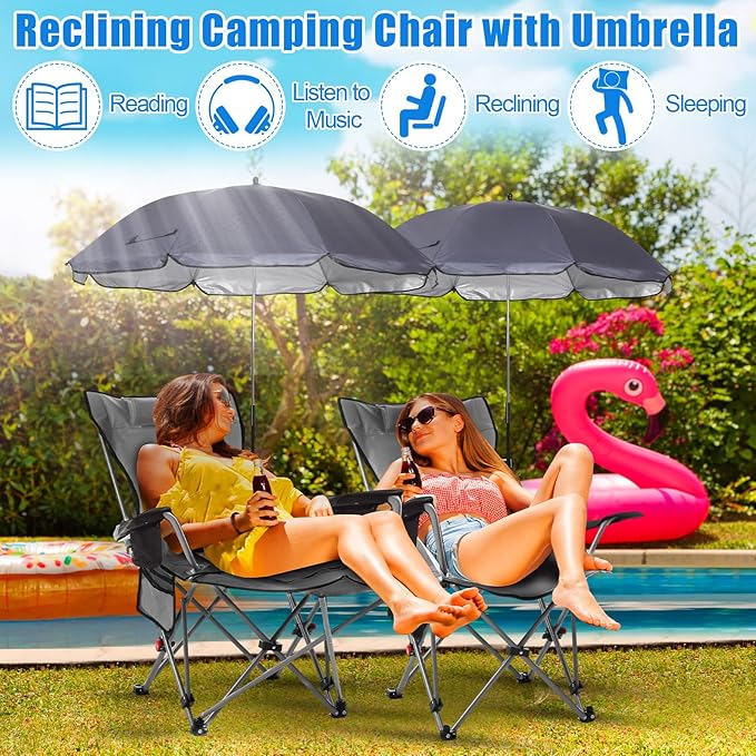 Karenhi 2 Set Beach Camping Chair with Umbrella for Adult Folding Reclining Camping Chair with Foot Rest Adjustable Clamp Canopy Shade for Outdoor Patio Travel Beach (Grey)