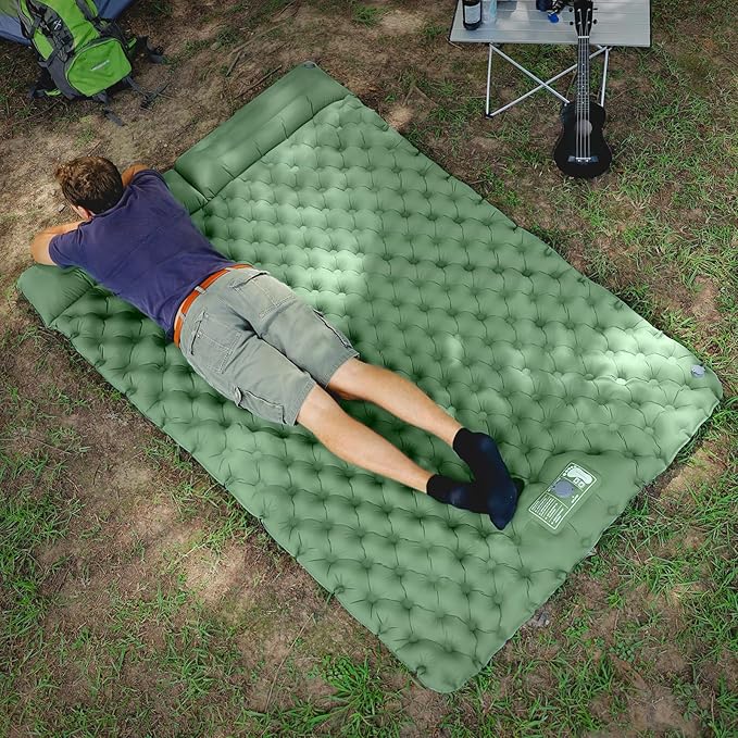 2 Person Inflatable Sleeping Pad for Camping Ultralight Double Camping Mat Air Mattress Foot Pump Durable Waterproof Compact Sleeping Mat for Outdoor Backpacking Hiking Green