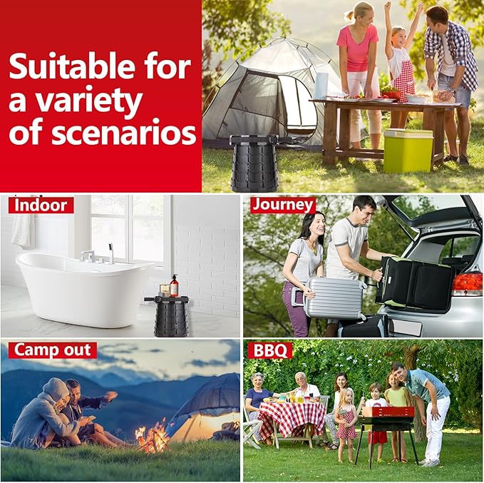 Telescopic Stool Portable &amp Collapsible Sturdy Foldable with Cushion &amp Carry Bag 550lbs Load Capacity Indoor &amp Outdoor Retractable Camping Stool (Black)