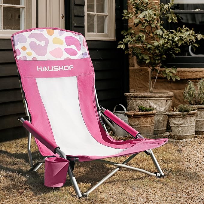 HAUSHOF High Back Beach Chair Mesh Back Folding Chair Lightweight Low Seat Camping Chairs with Cup Holder Carry Bag Padded Armrest for Outdoor Beach Lawn Camping Picnic Festival