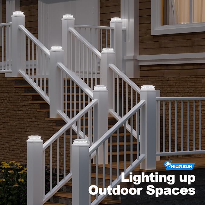 NIORSUN Solar Post Cap Lights Outdoor Waterproof 2 Lighting Modes 4x4 Post Solar Lights Fence Posts Solars Light for Deck Patio Garden Decoration 4x4 Posts Caps Wood Vinyl 12 Pack (White)