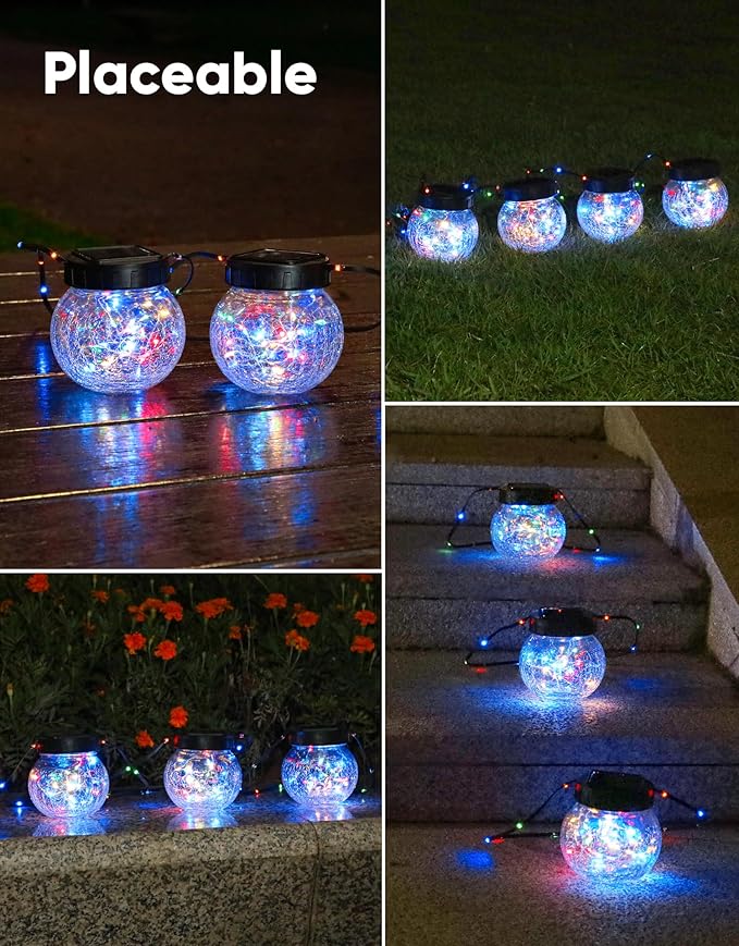 PARTPHONER Solar Lights Outdoor Waterproof 12-Pack Solar Powered Hanging Lantern Cracked Glass Hanging Globes for Yard Decor Christmas Decoration Shepherd Hook Garden Tree Ornaments RGB
