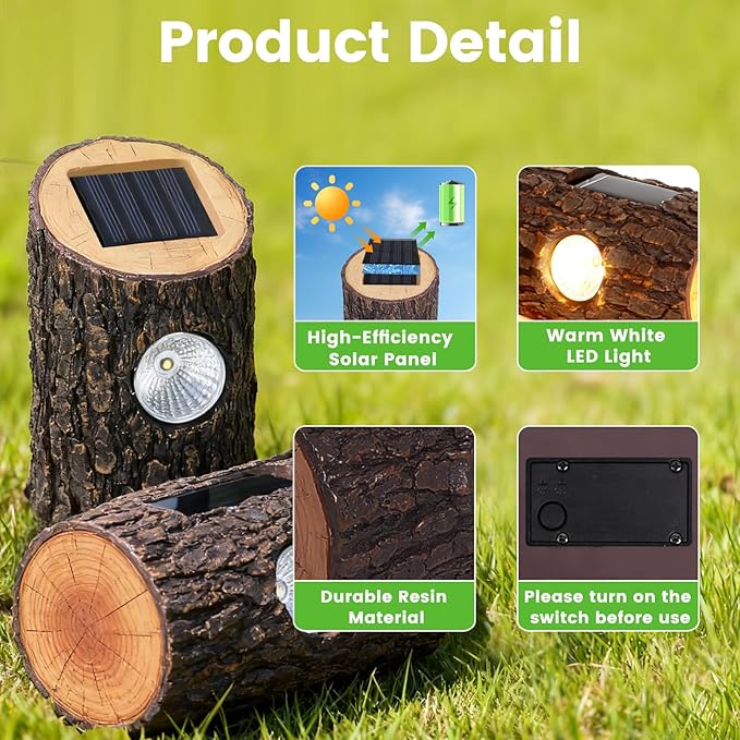 Solar Garden Lights Outdoor 2 Pack Decorative Rustic Tree Stump Pathway Lights Warm White Auto On/Off IP65 Waterproof Lights for Yard Patio Lawn Flower Bed Steps Garden Decor Gifts