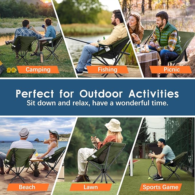 Portable Camping Chair 2 Pack 8 Seconds Quick Setup Folding Camping Chair Flexible 360° Rotation 3.8Lb Lightweight Travel Chairs for Easy Carry to Hiking Sporting Beach Army Green
