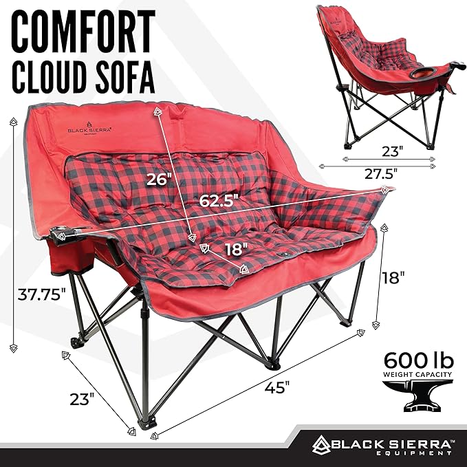Black Sierra Double Camping Chair for Adults Oversized Folding Loveseat Supports 600 lbs Plush Padded Outdoor Couch with Cup Holders and Carry Bag for Beach Patio RV or Tailgating Events