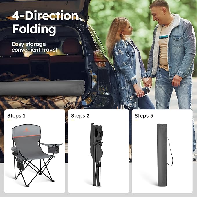 ALPHA CAMP Camping Chair 2 Pack Portable Chair with 3-Can Cooler Folding Chair with Side Pocket and Cup Holder Collapsible for Camping Tailgates Beach Fishing and Sports2PC