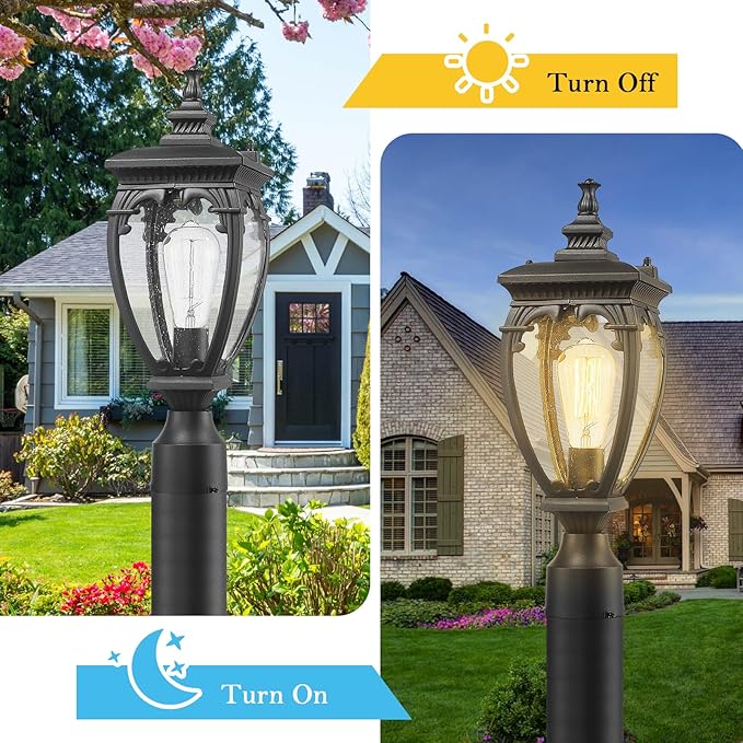 Outdoor Light Post Retro Waterproof Exterior Lamp Post Light Fixture Anti-Rust Aluminum Pole Lights Outside with Seeded Glass for Yard Garden Pathway Patio Lawn Matte Black