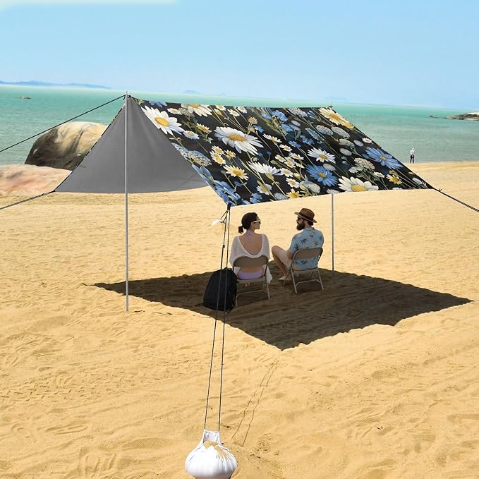 Blue White Flowers Beach Tent Sun Shelter 9.2' x 10.5' Beach Canopy with 4 Sandbags 4 Stability Poles Sand Shovels - Tent Canopy for Beach Camping Fishing Picnics