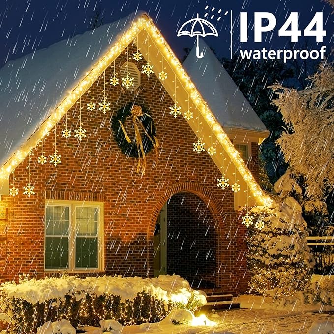 Toodour Christmas Snowflake Lights Outdoor 17.22ft 264 LED Snowflake Icicle Lights with 22 Drops Connectable 8 Modes Waterproof Warm White Christmas Light for Curtain Eaves Window Xmas Decor