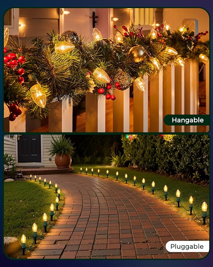 Brightown C9 Christmas Pathway String Lights - Outdoor with 102.8 FT Length 80 Clear Lights Waterproof Walkway for Indoor/Outdoor Xmas Party Decor Warm White