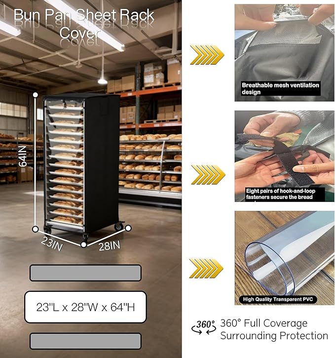 Quick-Release Cover with Zipper Commercial Bread Rack Cover 20-Tier Baking Pan Rack Cover Ventilated Bread Pan Rack Cover 23“ x 28” x 64 Kitchen Bread Rack Cover Waterproof (Black)