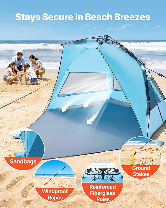 VEVOR Beach Tent Sun Shelter for 4 Person Pop Up Beach Tent UPF 50+ Portable Sun Shade Beach with Carrying Bag and Sand Pockets Easy Setup Umbrella for Camping Fishing Outdoor Picnic