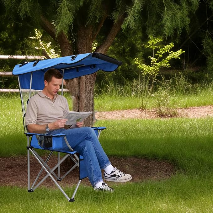 PLKO Camping Chairs with Canopy Portable Quad Lawn Chair for Adults Folding Recliner Chair with Cup Holder Outdoor Events and Shade- Support 330 LBS