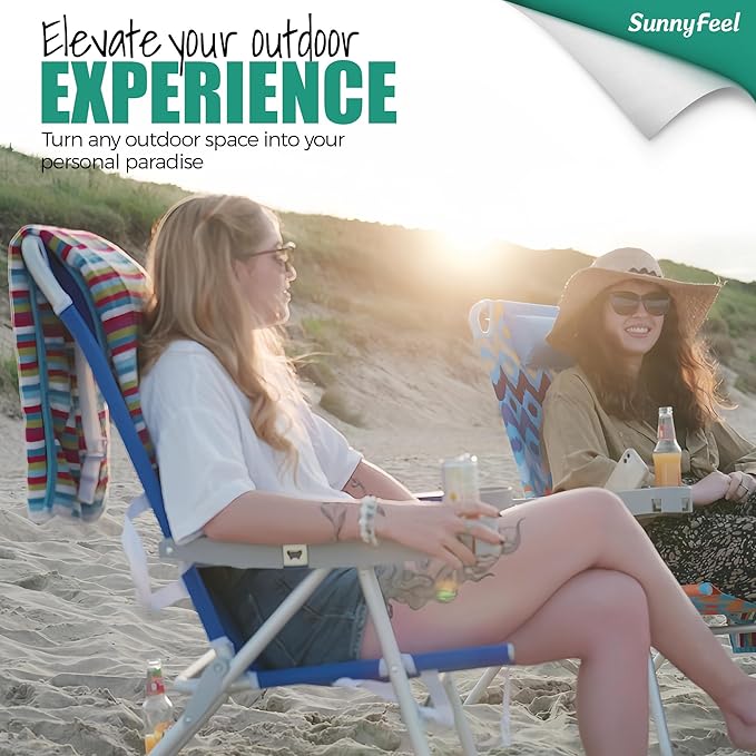 SUNNYFEEL Extra Wide Low Beach Chair 2 Pack 5 Position Lay XL Oversized Portable Folding Camping Chairs with Cup Holder for Outdoor/Sand Foldable Backpack Beach Chair for Adults Heavy Duty 500 LBS
