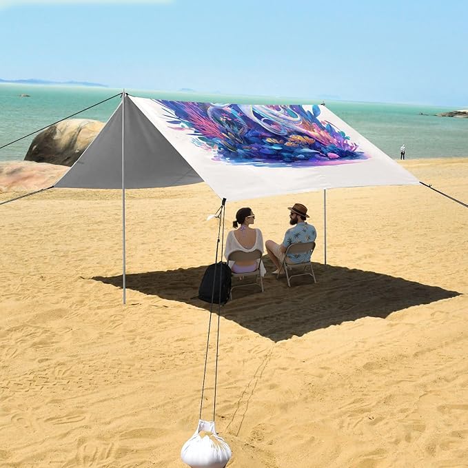 ALAZA Octopus Coral Beach Tent Sun Shelter UPF50+ Protection Beach Shade Canopy w/ 4 Sandbags for Outdoor Camping Fishing Backyard Fun Picnic 10x9 ft