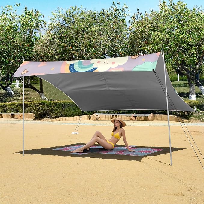Cartoon Bear Sky Element Camping Sun Shelter Beach Tent Portable Beach Sun Shade Outdoor Canopy for Camping Trips Fishing Picnic
