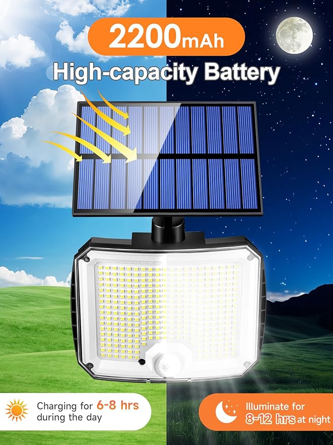 PIKOY Solar Motion Lights Outdoor Waterproof [Upgraded 318LED/33FT/5 Modes] Solar Security LightsRemote+IP65 Solares Lamparas Solares para Exteriores Grandes Sin Sensor De Movimiento 2 Pack