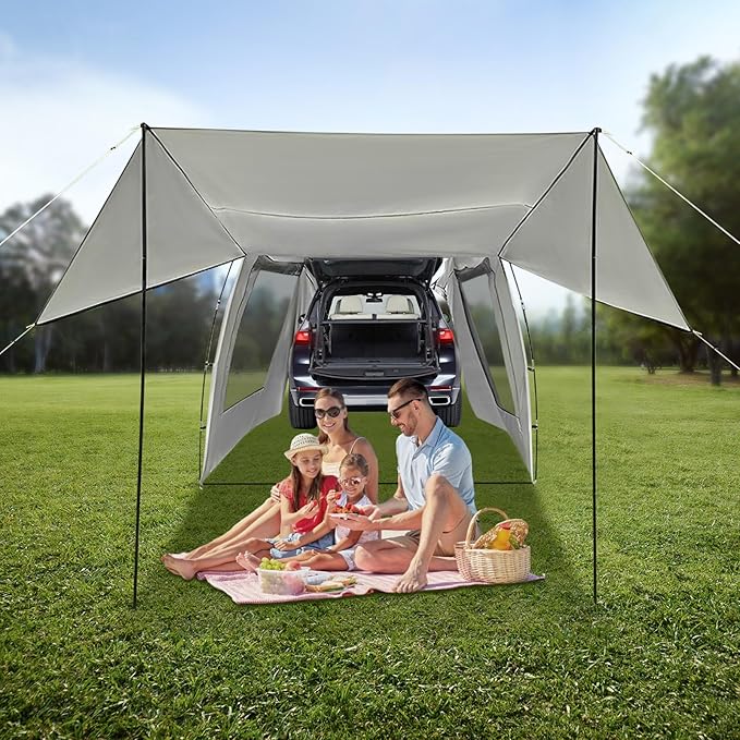 Car Camping Outdoor Tent 4-6 People Canopy Waterproof Camping Shelter with 2 Mesh WindowsSuitable for SUVs MPVs and Two-Door Sedans with Separate Upward-Lifting Tailgates(9.35x7.87x6.4)
