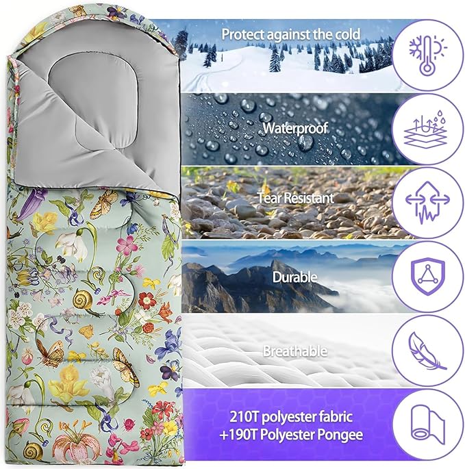 Sleeping Bags for Adults and Kids3D Printing Camping Sleeping Bag for Girls Boys Lightweight Waterproof Cold/Warm 3-SeasonOutdoor Travel with Compression Bags