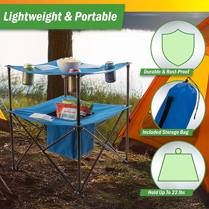 Wakeman Folding Camping Table - Small Folding Table Portable Outdoor Lightweight Tabletop with 4 Cupholders Food Basket and Travel Bag for Camp Beach or Tailgating Essentials Outdoors (Blue)