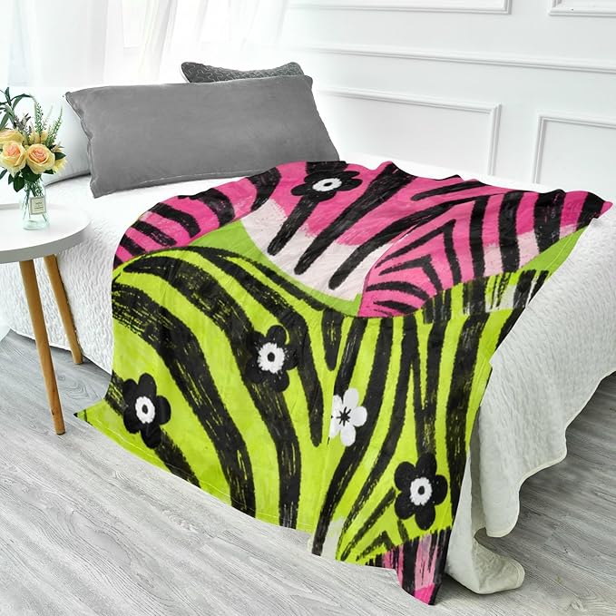 Colorful Animal Stripes White Flowers Lightweight Fuzzy Comfy Soft Throw Blanket for Girls Throw Over Blanket for Couch Sofa BedParty 50x70 Inches