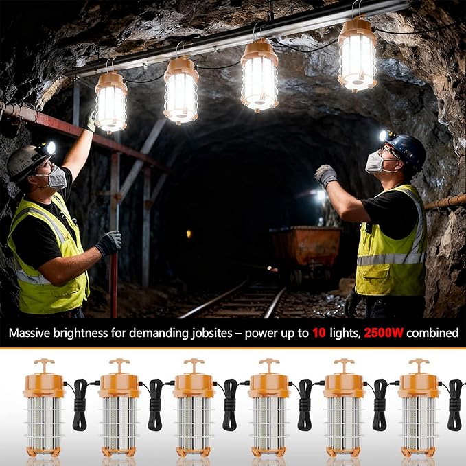 250W LED Temporary Work Light 37500 Lumens Construction Lights 5000K Portable Linkable IP65 High Lumen Super Bright Durable Job Site Lighting with ON/Off Button for Indoor and Outdoor Area Lighting