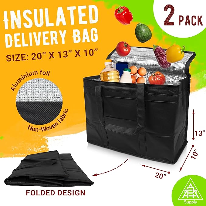 Black Insulated Food Delivery Bag. Insulated Grocery Bags with Zippered Top. Foldable Catering Bag for Food Deliveries. Heavy Duty Cold Bags for Groceries