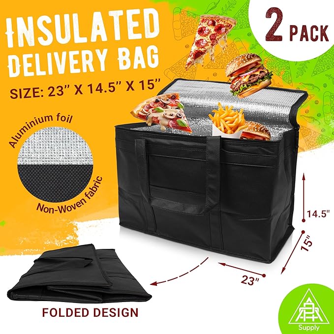 Black Insulated Food Delivery Bag. Insulated Grocery Bags with Zippered Top. Foldable Catering Bag for Food Deliveries. Heavy Duty Cold Bags for Groceries