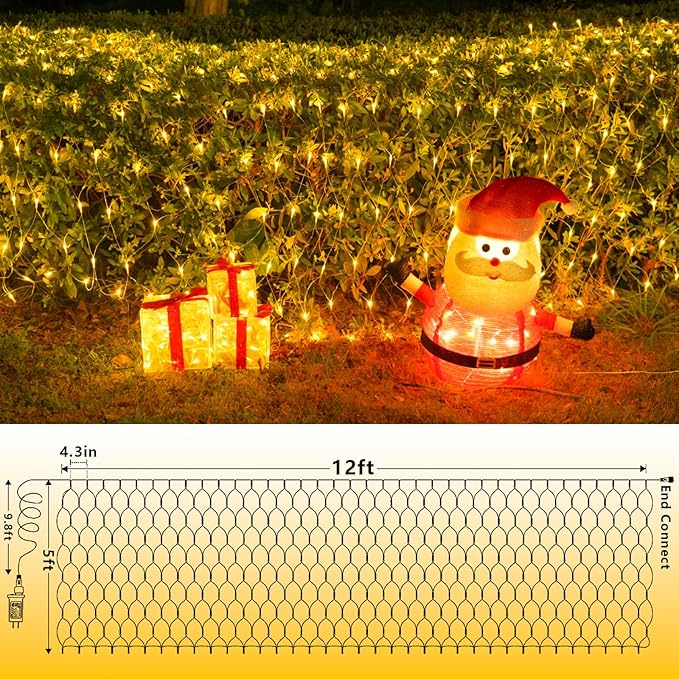 YEGUO Net Lights Outdoor Mesh Lights 12ft x 5ft 360 LED Warm White Valentines Light Outdoor Waterproof 8 Modes Connectable Clear Wire Christmas Bush Light Plug in