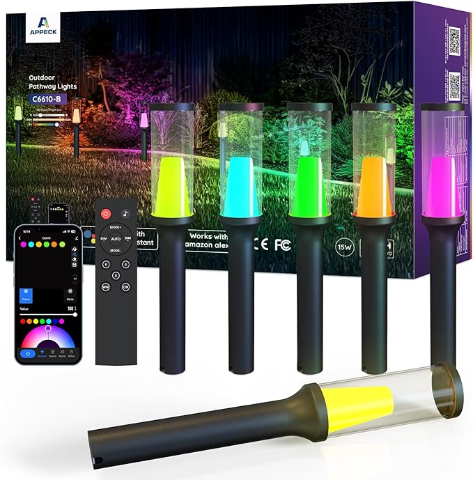 APPECK Pathway Lights Outdoor 800LM RGBCW Low Voltage Landscape Lighting Smart APP and Alexa Control IP65 Waterproof Color Changing Walkway Lights for Garden Yard Patio Christmas 6 Pack