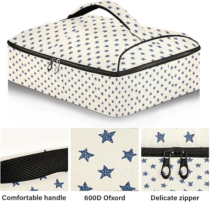 Casserole Carrier Pattern Small Blue Stars Cream BackgroundInsulated Casserole Carrier for Hot or Cold Food Thermal Lunch Tote for Potluck Parties Picnic Fits 9 x 13 Inches Baking Dish