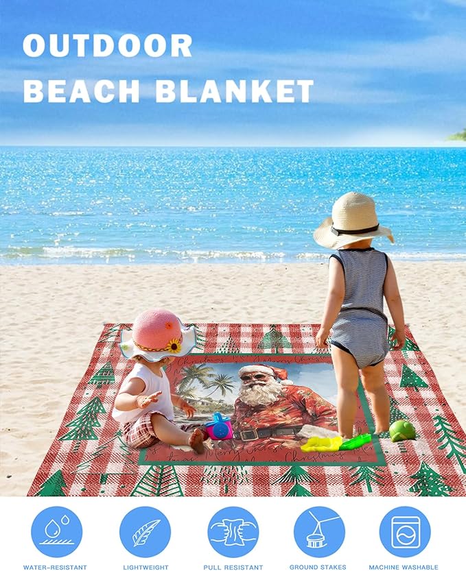 Beach Blanket Waterproof Sandproof OversizedSanta Claus Christmas Tree Seamless Beach Mat with Corner Stakes Sand PocketsRetro Red Buffalo Plaid Outdoor Picnic Mat for Travel Camping 95x80In