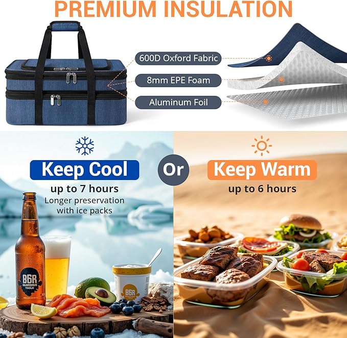 Insulated Double Casserole Carrier - Portable Casserole Carriers for Hot or Cold Food Lunch Tote Warmer or Cooler Bag for Potluck Parties Picnic Cookouts Fits 9 x 13 Baking Dish - Navy Blue