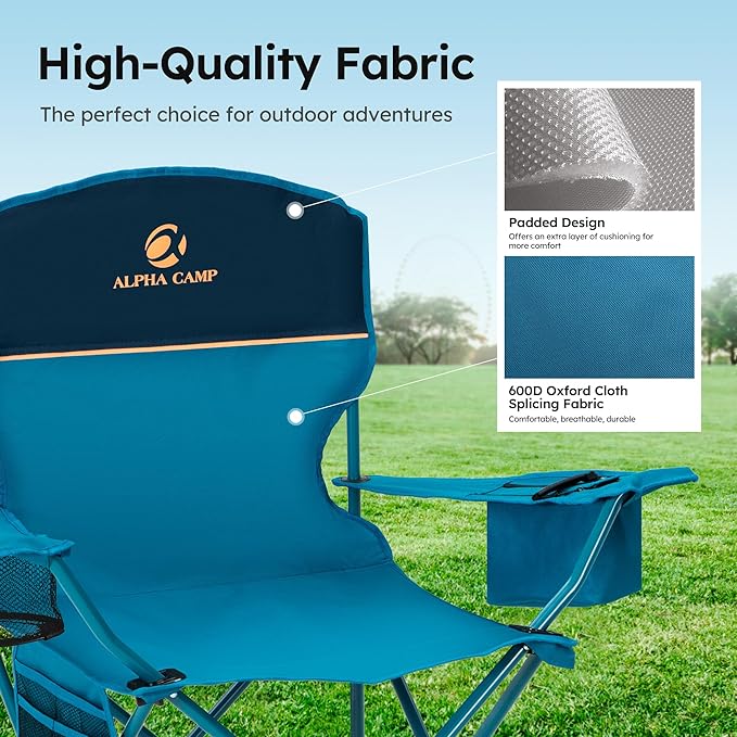 ALPHA CAMP Camping Chair 2 Pack Portable Chair with 3-Can Cooler Folding Chair with Side Pocket and Cup Holder Collapsible for Camping Tailgates Beach Fishing and Sports2PC