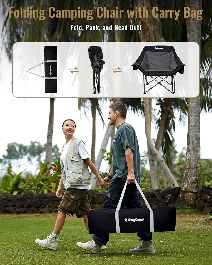 KingCamp Oversized XL Camping Chair Heavy Duty 500lbs Folding Couch for Adults Padded Large Comfortable Sofa Seat with Cooler Bag Cup Holder for Outdoor Sports Fishing Patio Lawn