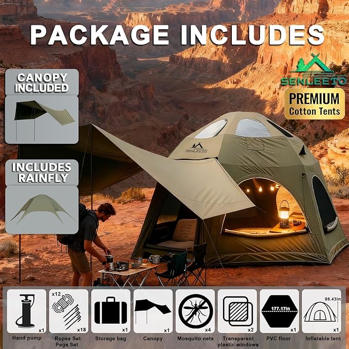 Inflatable Tents for Camping 6-8 People142 Square Feets Cotton Igloo Tent 4 Season Blow up Tents with Waterproof Tarp Glamping Inflatable Hot Tent with Stove Jack