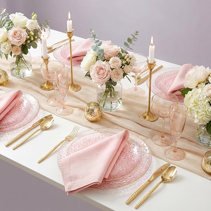 Rubtlamp 60PCS Pink Plastic Plates Disposable Pink Easter Plates with Hammered Design Heavy Duty Plastic Platos Fancy Party Platos Include 30 Dessert Plate &amp 30 Dinner Plate for Bridal Wedding