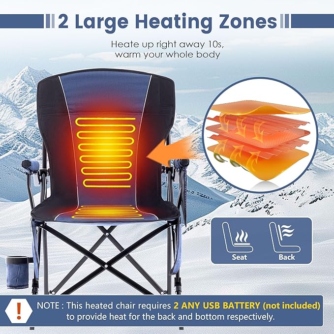 Heated Camping Chairs for Adults Portable Heated Chairs for Outdoor Outdoor Heated Chair Folding Chairs Heavy Duty Lawn Chairs for Adults with Cup Holder Navy Blue (Battery NOT Included)