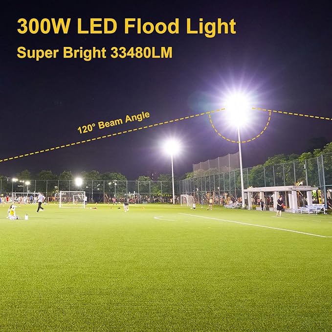 300W LED Flood Light Outdoor2000W Equivalent 5000K Daylight White Super Bright FloodLight with Plug43500LM IP66 Waterproof Commercial Lighting for Sports FieldsCountsArenaStadium