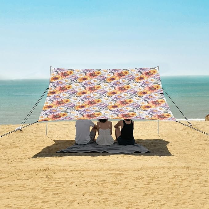 ALAZA Sunflower Floral Daisy Beach Tent Sun Shelter UPF50+ Protection Beach Shade Canopy w/ 4 Sandbags for Outdoor Camping Fishing Backyard Fun Picnic 10x9 ft